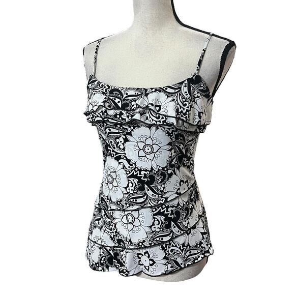 VTG Y2K A Byer White & Black Floral Ruffle Layered Asymmetrical Hem Cami Top M/S - Picture 4 of 7